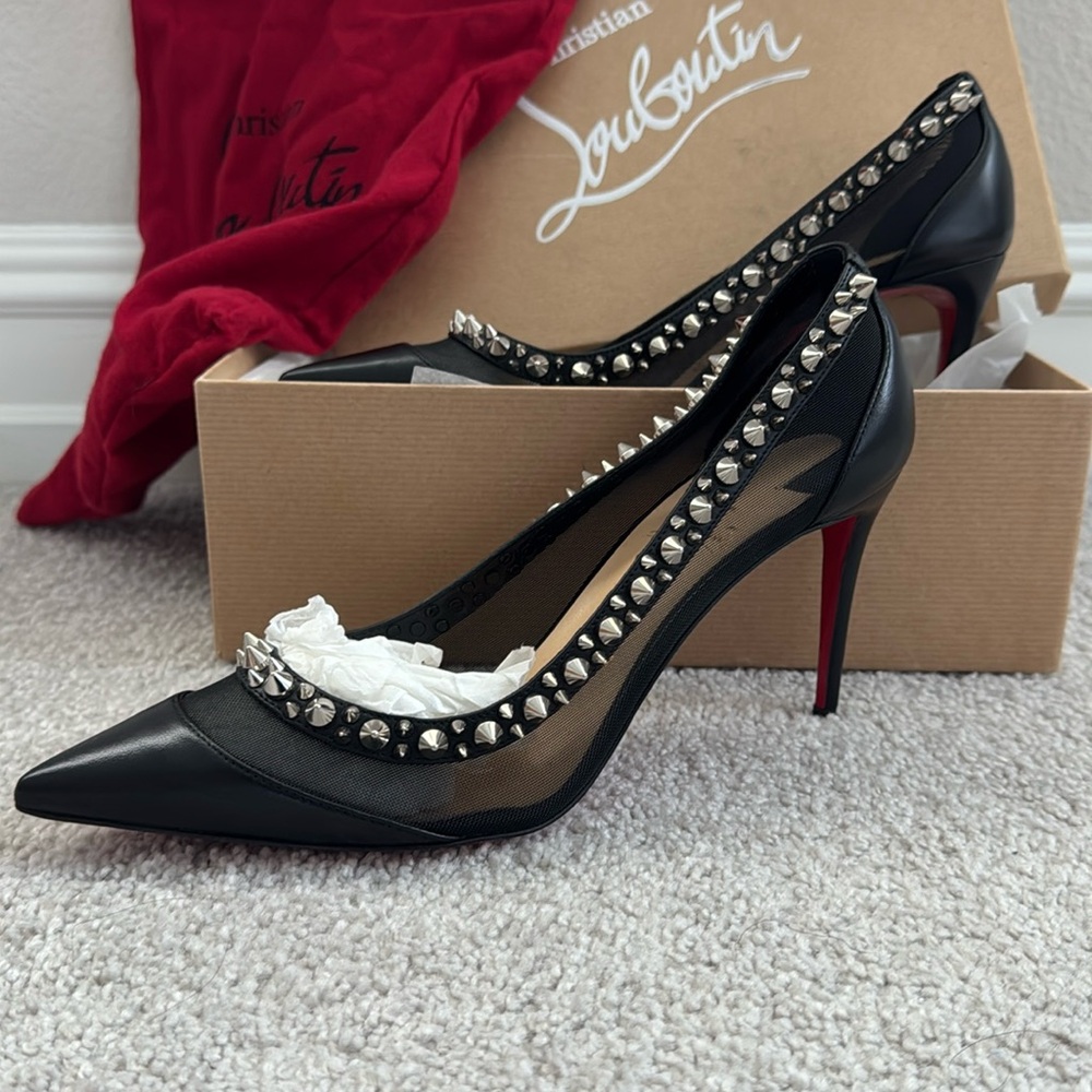 Christian Louboutin GALATIVI SPIKES 85 Leather Mesh Stud Heels Pumps Shoes 39